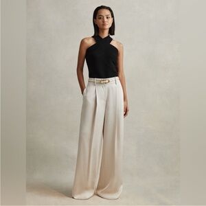 Reiss ISLA SATIN WIDE LEG TROUSERS IN CHAMPAGNE 6R Luxury Office Elevated Basic